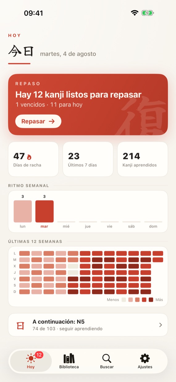 Today screen with streak and review queue